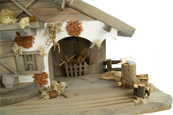 Preview: Festliche Weihnachtskrippe Moorsbrunn inkl. 12-tlg. Figurensatz F 650-7, Maße Krippe: ca. 40 x 20 x 22 cm